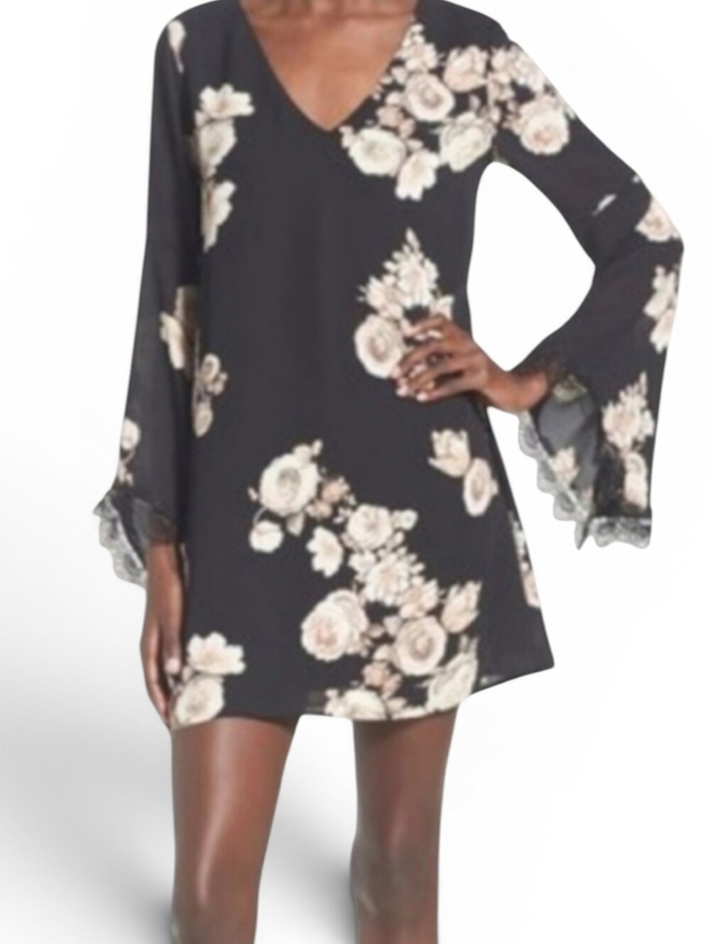 Astr black floral Dress chiffon bell sleeve feminine Whimsical mini sheath. Sz S